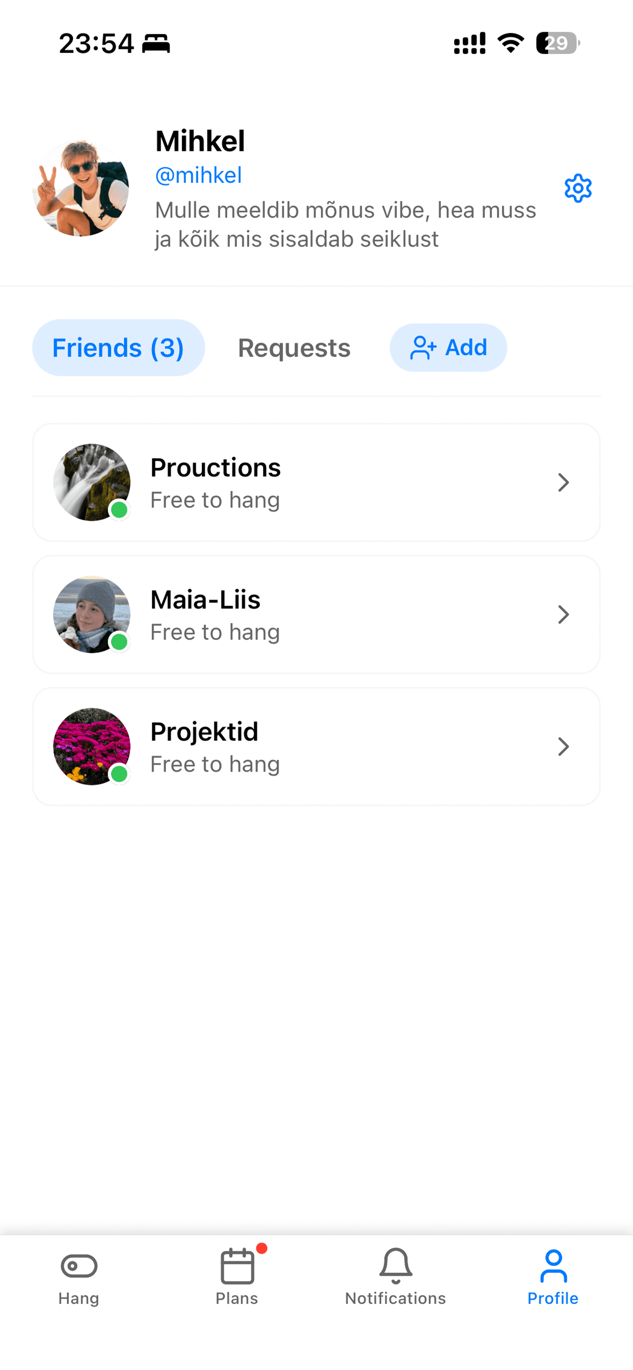 Profile tab with friends list and navigation