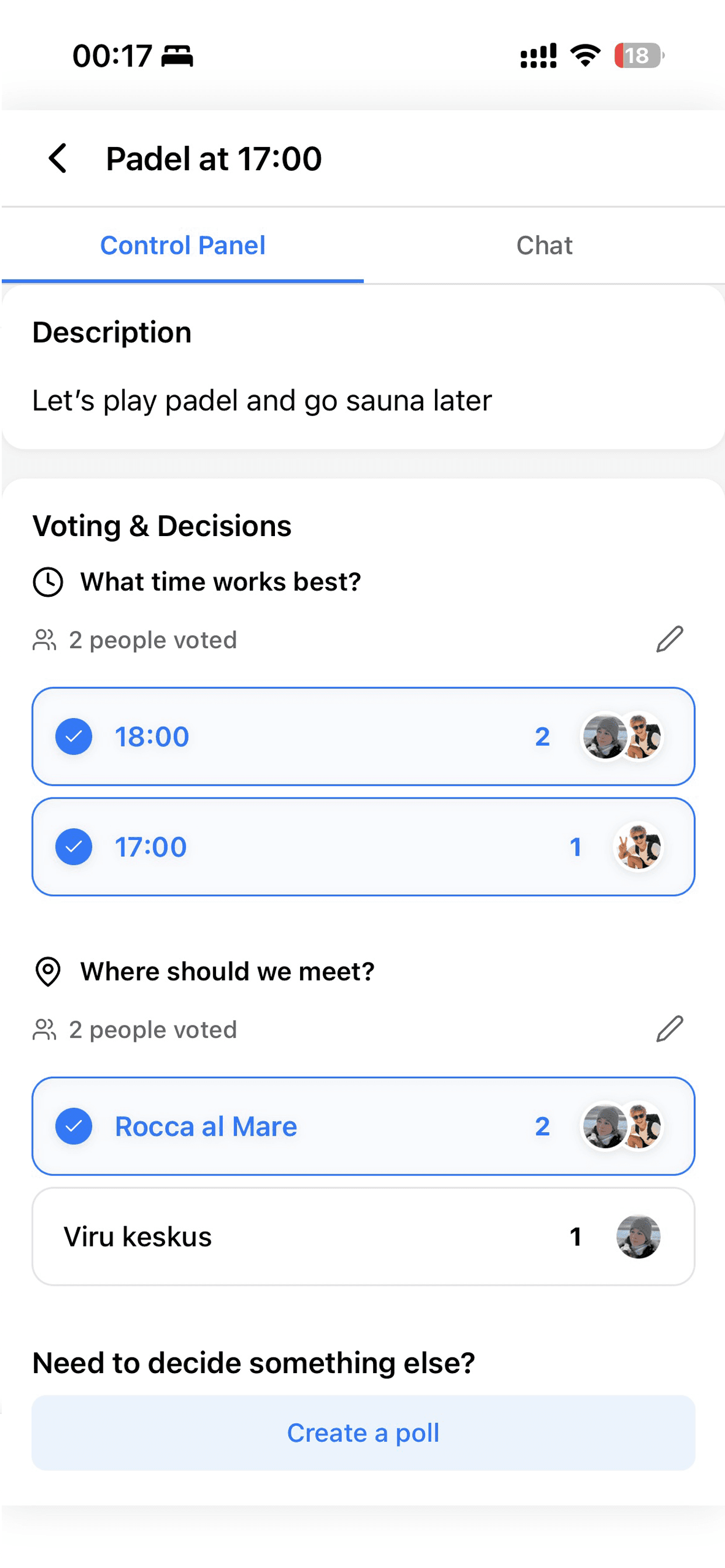 Plan control panel with voting on time and location